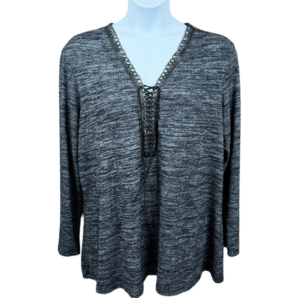 Ashley Stewart Black and Gray Faux Leather Lace Up Lightweight Long Sleeve Top